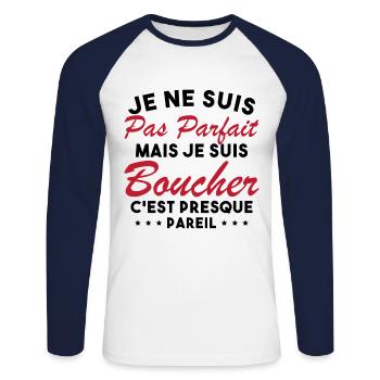Je Ne Suis Pas Parfaite Mais Je Suis Boucher - T-shirt baseball manches longues Homme - blanc/marine - Devant - Nik (191cm)