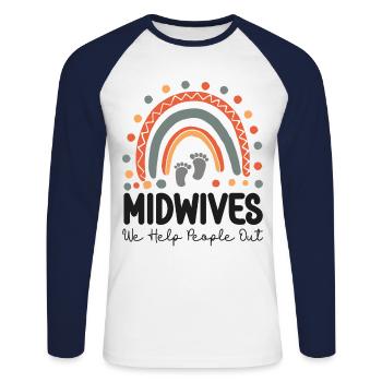 Nurse Midwife Birth Worker Pun - Unisex Long Sleeve Baseball T-Shirt - white/navy - Front - Nik (191cm)