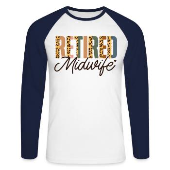 Infirmière sage-femme accoucheuse - T-shirt baseball manches longues Homme - blanc/marine - Devant - Nik (191cm)