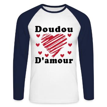 Doudou D'amour Cadeau Saint Valentin - T-shirt baseball manches longues Homme - blanc/marine - Devant - Nik (191cm)