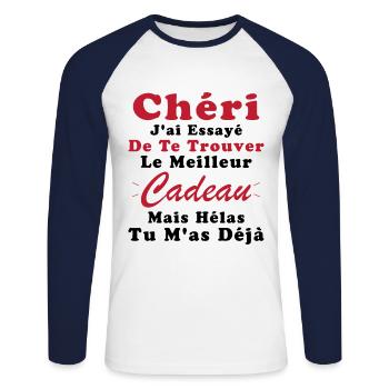 Cadeau Chéri Saint Valentin Amour Couple Humour - T-shirt baseball manches longues Homme - blanc/marine - Devant - Nik (191cm)