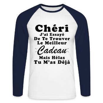 Cadeau Chéri Saint Valentin Amour Couple Humour - T-shirt baseball manches longues Homme - blanc/marine - Devant - Nik (191cm)