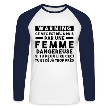 Cadeau Humour couple homme, Femme jalouse danger - T-shirt baseball manches longues Homme - blanc/marine - Devant - Nik (191cm)
