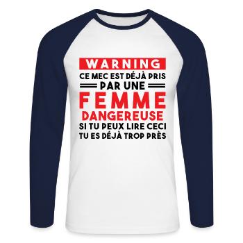 Cadeau Humour couple homme, Femme jalouse danger - T-shirt baseball manches longues Homme - blanc/marine - Devant - Nik (191cm)