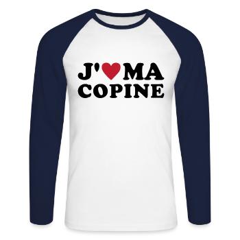 J'aime ma copine - T-shirt baseball manches longues Homme - blanc/marine - Devant - Nik (191cm)