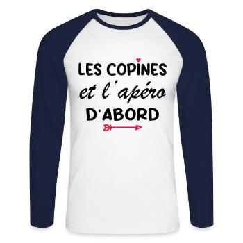 Les copines et l'apéro d'abord - T-shirt baseball manches longues Homme - blanc/marine - Devant - Nik (191cm)