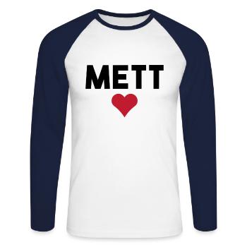 Mett Fleischher Lovers of Mettigel and meat - Unisex Long Sleeve Baseball T-Shirt - white/navy - Front - Nik (191cm)