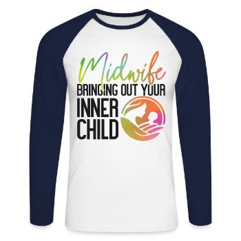Nurse Midwife Birth Worker Pun - Unisex Long Sleeve Baseball T-Shirt - white/navy - Front - Nik (191cm)