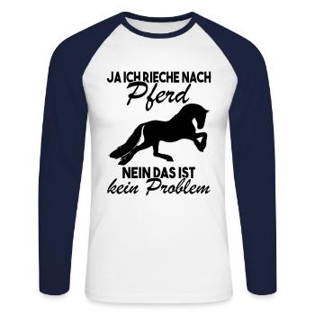 Ja ich rieche nach Pferd Nein das ist kein - Unisex Baseballshirt langarm - Weiß/Navy - Vorne - Nik (191cm)