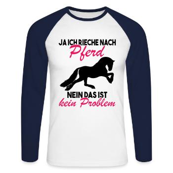 Ja ich rieche nach Pferd Nein das ist kein - Unisex Baseballshirt langarm - Weiß/Navy - Vorne - Nik (191cm)