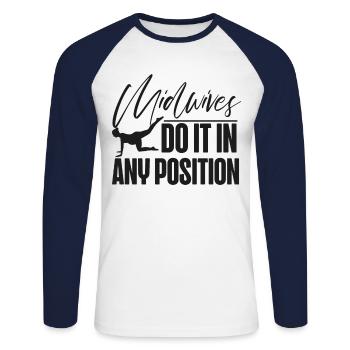 Nurse Midwife Birth Worker Pun - Unisex Long Sleeve Baseball T-Shirt - white/navy - Front - Nik (191cm)