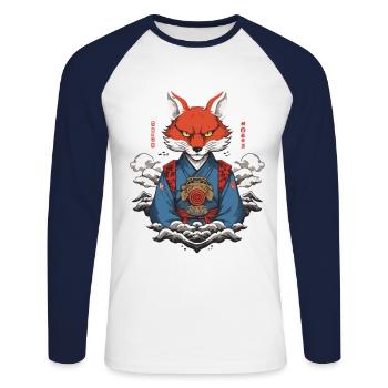 Kitsune Yokai Kimono Ukiyo-E Retro Japan Design - T-shirt baseball manches longues Homme - blanc/marine - Devant - Nik (191cm)
