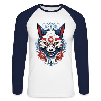Japanische Kitsune Maske Yokai Ukiyo-E Design - Unisex Baseballshirt langarm - Weiß/Navy - Vorne - Nik (191cm)