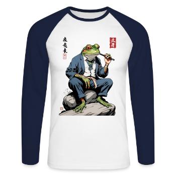 Eleganter Yokai Frosch Japan Streetwear - Unisex Baseballshirt langarm - Weiß/Navy - Vorne - Nik (191cm)