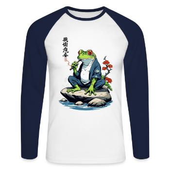 Yokai Grenouille Ukiyo-E Japon Design Rétro - T-shirt baseball manches longues Homme - blanc/marine - Devant - Nik (191cm)
