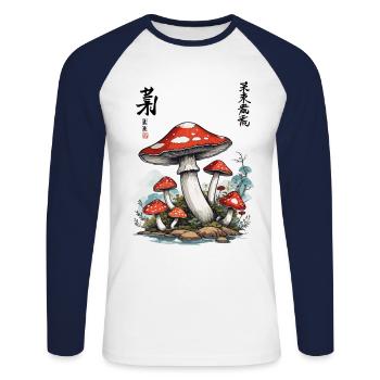 Champignons Japonais Vintage Esthétique Cottagecore - T-shirt baseball manches longues Homme - blanc/marine - Devant - Nik (191cm)