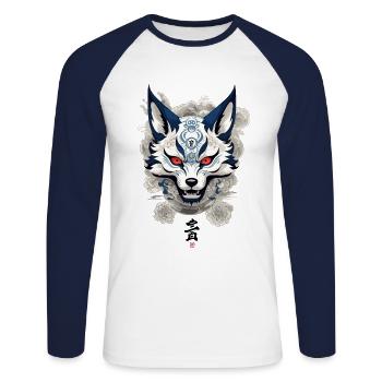 Vintage Kitsune Ukiyo-E Japon Streetwear - T-shirt baseball manches longues Homme - blanc/marine - Devant - Nik (191cm)