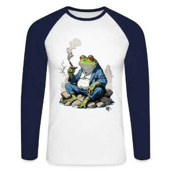 Yokai Frog Kanji Japan Retro Streetwear - Unisex Long Sleeve Baseball T-Shirt - white/navy - Front - Nik (191cm)