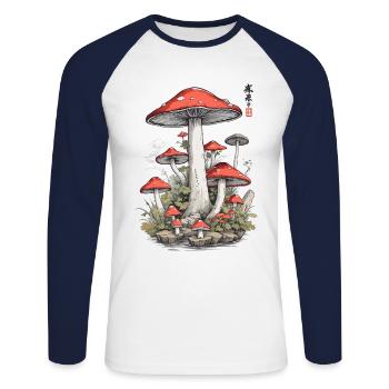 Champignon japonais Art Vintage champignon Design - T-shirt baseball manches longues Homme - blanc/marine - Devant - Nik (191cm)
