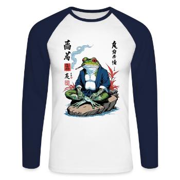 Samurai Frog Yokai Vintage Japan Streetwear - Unisex Long Sleeve Baseball T-Shirt - white/navy - Front - Nik (191cm)