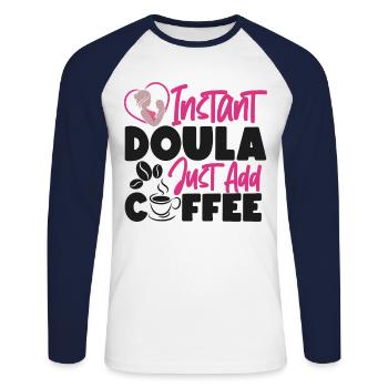 Doula Birth Worker Café Instantané - T-shirt baseball manches longues Homme - blanc/marine - Devant - Nik (191cm)