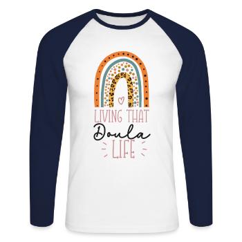 Doula Birth Worker Living That - Unisex Baseballshirt langarm - Weiß/Navy - Vorne - Nik (191cm)