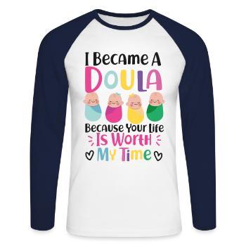 Doula accoucheuse Je suis devenue une - T-shirt baseball manches longues Homme - blanc/marine - Devant - Nik (191cm)