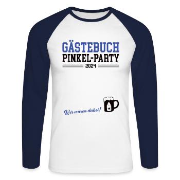 Gästebuch Babyparty Pinkelparty Babypinkel 2024 - Unisex Baseballshirt langarm - Weiß/Navy - Vorne - Nik (191cm)