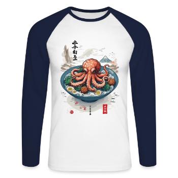 Japanese Ukiyo-E Octopus Soup Food Art - Unisex Long Sleeve Baseball T-Shirt - white/navy - Front - Nik (191cm)