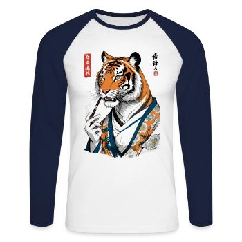 Ukiyo-E Tiger Geisha Anime Vintage Streetwear - Unisex Long Sleeve Baseball T-Shirt - white/navy - Front - Nik (191cm)