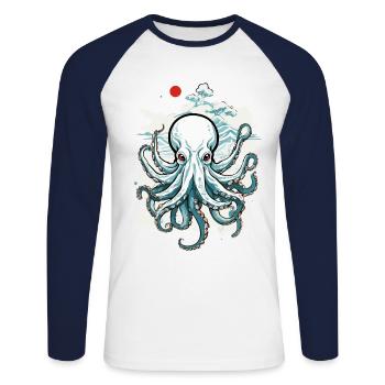 Pieuvre japonaise Octopus Ukiyo-E Sea Art - T-shirt baseball manches longues Homme - blanc/marine - Devant - Nik (191cm)