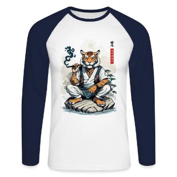 Japan Retro Tiger Anime Kemomimi Streetwear - Unisex Baseballshirt langarm - Weiß/Navy - Vorne - Nik (191cm)