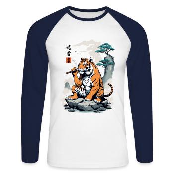 Ukiyo-E Style Yokai Tiger Retro Streetwear Art - Unisex Long Sleeve Baseball T-Shirt - white/navy - Front - Nik (191cm)