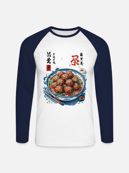 Japansk Ukiyo-e Mat Konst Kött Ramen Soppa - Långärmad basebolltröja herr - vit/marinblå