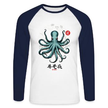 Conception d’affiche japonaise Octopus Ukiyo-E Kanji - T-shirt baseball manches longues Homme - blanc/marine - Devant - Nik (191cm)