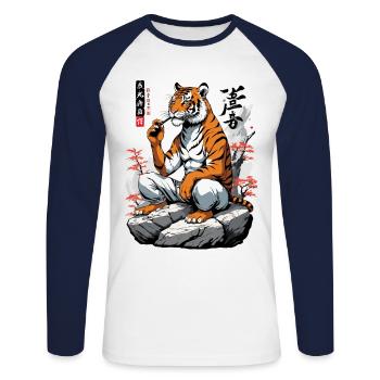 Ukiyo-E Tiger Martial Arts Japan Streetwear - Unisex Long Sleeve Baseball T-Shirt - white/navy - Front - Nik (191cm)