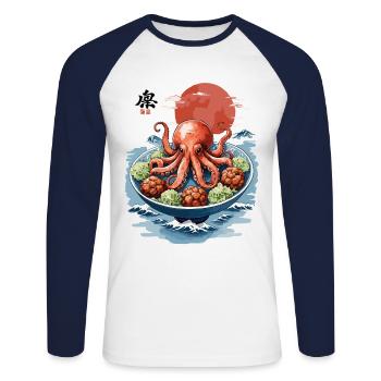 Poulpe Ramen Ukiyo-E Japon Vintage Anime Art - T-shirt baseball manches longues Homme - blanc/marine - Devant - Nik (191cm)