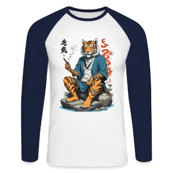 Tigre japonais Yakuza Anime Kemonomimi Art - T-shirt baseball manches longues Homme - blanc/marine - Devant - Nik (191cm)