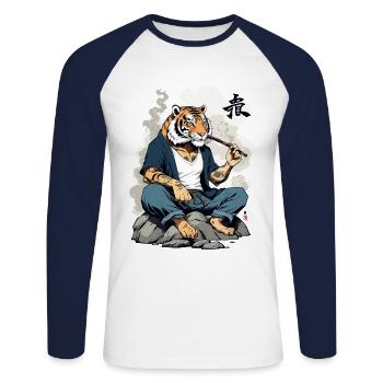 Japanischer rauchender Tiger Streetwear Kunststil - Unisex Baseballshirt langarm - Weiß/Navy - Vorne - Nik (191cm)