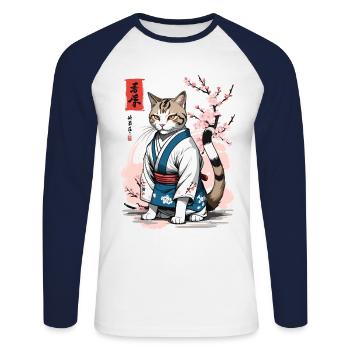 Kimono Cat Asian Japan Ukiyo-E Retro Art - Unisex Long Sleeve Baseball T-Shirt - white/navy - Front - Nik (191cm)