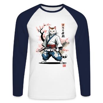 Chat samouraï Vintage Japon Streetwear Art - T-shirt baseball manches longues Homme - blanc/marine - Devant - Nik (191cm)