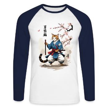 Japon Chat Arts Martiaux Streetwear Ukiyo-E - T-shirt baseball manches longues Homme - blanc/marine - Devant - Nik (191cm)