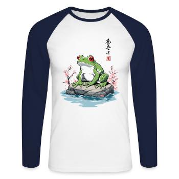 Japanese Frog Ukiyo-E Vintage Artwork - Unisex Long Sleeve Baseball T-Shirt - white/navy - Front - Nik (191cm)