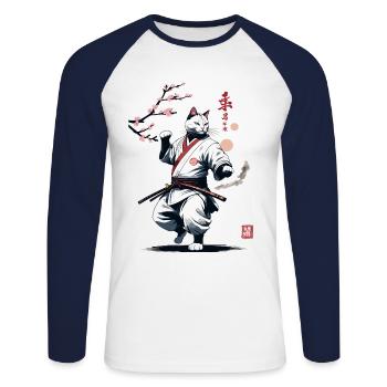 Karate Katze Japan Ukiyo-E Streetwear Design - Unisex Baseballshirt langarm - Weiß/Navy - Vorne - Nik (191cm)