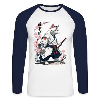 Samurai Katze Retro Japan Anime Kunst Design - Unisex Baseballshirt langarm - Weiß/Navy - Vorne - Nik (191cm)