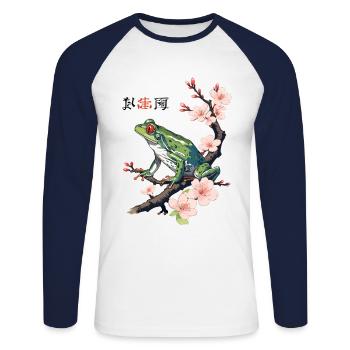 Japanischer Baumfrosch Kirschblüten Retro - Unisex Baseballshirt langarm - Weiß/Navy - Vorne - Nik (191cm)