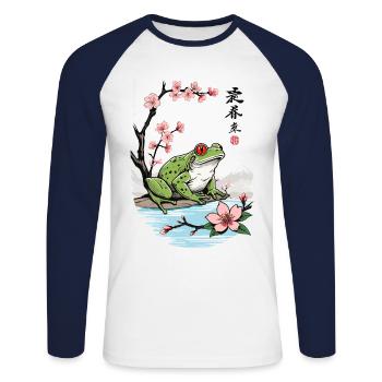 Vintage Ukiyo-E Frog Cherry Blossom Design - Unisex Long Sleeve Baseball T-Shirt - white/navy - Front - Nik (191cm)