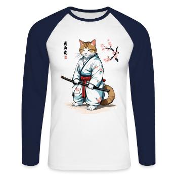 Cats Samurai Retro Ukiyo-E Japan Art - Unisex Long Sleeve Baseball T-Shirt - white/navy - Front - Nik (191cm)