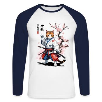 Samurai Cat Ukiyo-E Streetwear Design - Unisex Long Sleeve Baseball T-Shirt - white/navy - Front - Nik (191cm)
