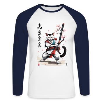 Samurai Cat with Katana Cherry Blossoms Vintage Style - Unisex Long Sleeve Baseball T-Shirt - white/navy - Front - Nik (191cm)